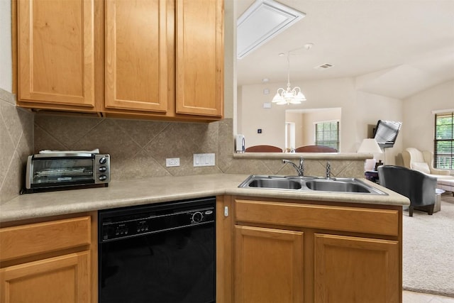 kitchen featuring light carpet, a sink, a chandelier, black dishwasher, and open floor plan
