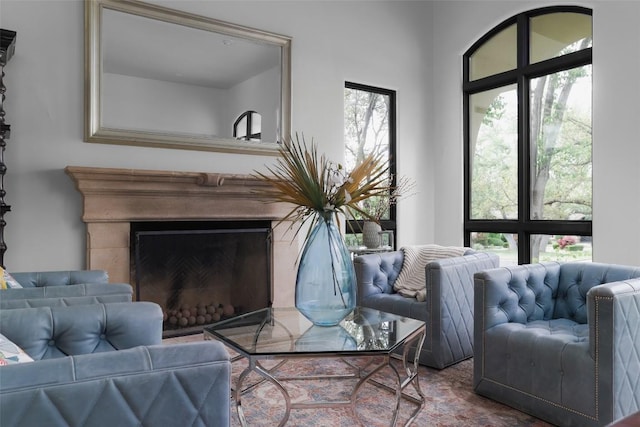 living room with a fireplace