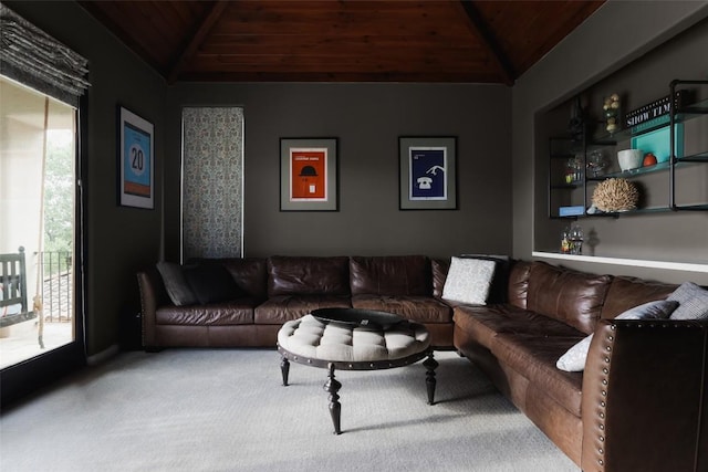 201 Costa Bella Dr, Austin, TX 78734 - carpeted living room featuring wood ceiling and vaulted ceiling