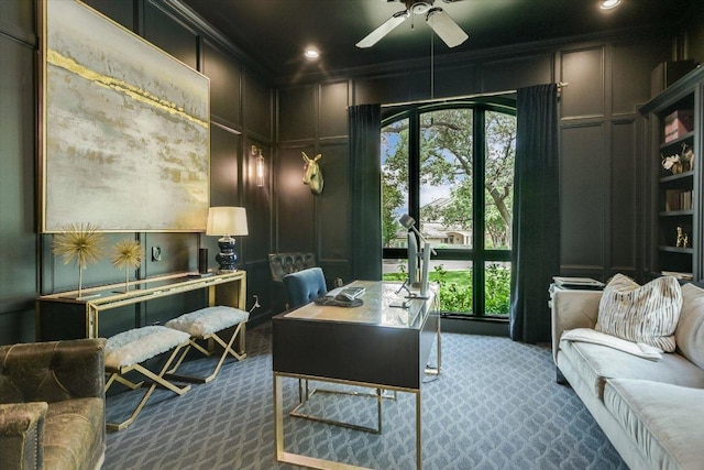 201 Costa Bella Dr, Austin, TX 78734 - office area with a decorative wall, carpet flooring, ornamental molding, ceiling fan, and healthy amount of natural light
