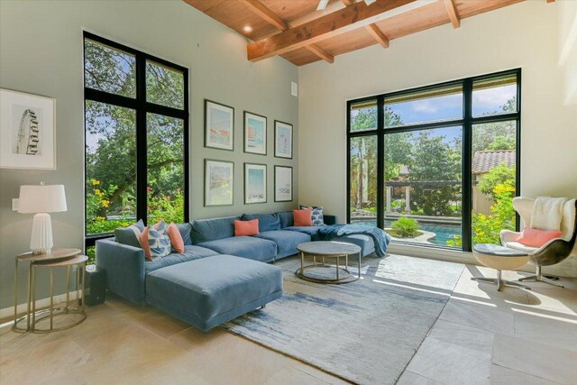 201 Costa Bella Dr, Austin, TX 78734 - living area featuring a wooden ceiling with exposed beams