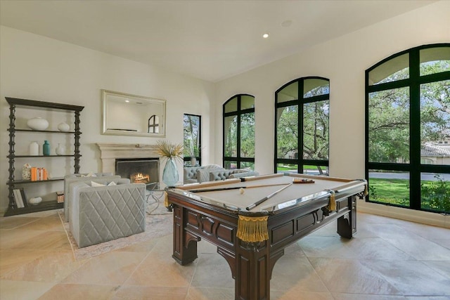 201 Costa Bella Dr, Austin, TX 78734 - rec room featuring billiards, a fireplace, recessed lighting, and light tile patterned floors