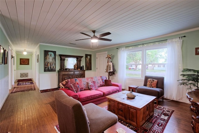 living room with ornamental molding, wainscoting, ceiling fan, dark wood-type flooring, and wood ceiling