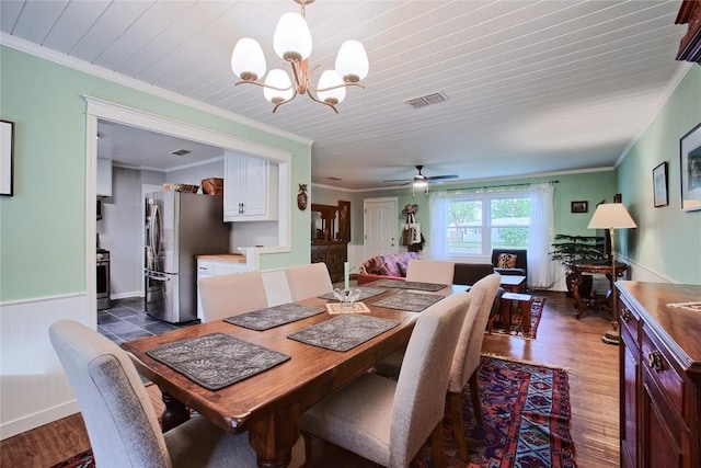 dining area with dark wood-style flooring, wainscoting, ceiling fan with notable chandelier, visible vents, and ornamental molding