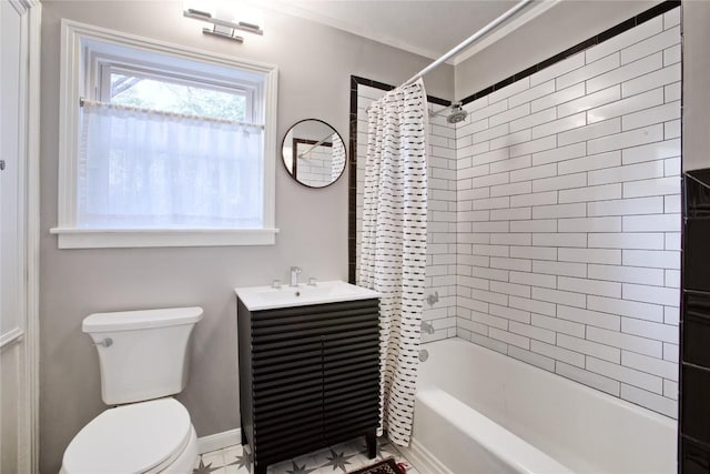 bathroom with toilet, baseboards, shower / bath combination with curtain, and vanity