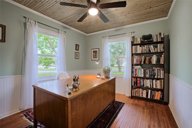 office area with plenty of natural light, a wainscoted wall, and wood finished floors