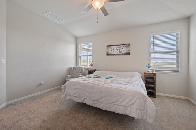 17418 Gabbro Dr, Pflugerville, TX 78660 - bedroom featuring carpet, lofted ceiling, baseboards, and ceiling fan