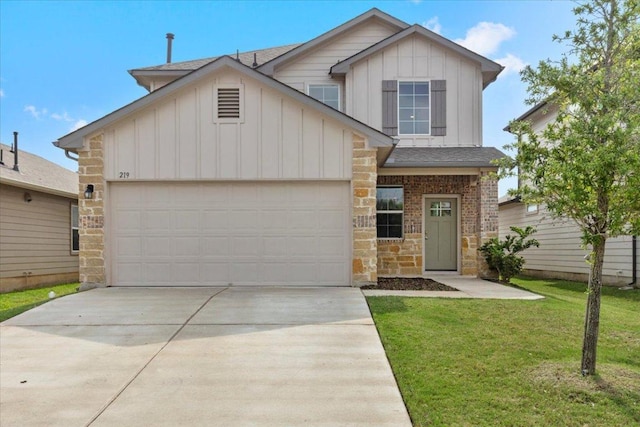 view of front facade featuring a garage, a front lawn, stone siding, board and batten siding, and driveway