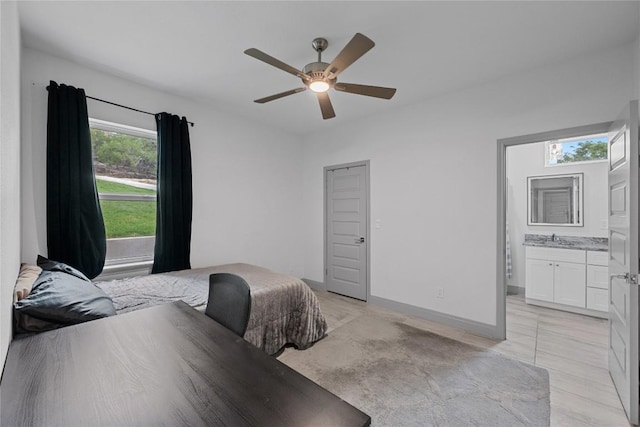 bedroom featuring ceiling fan and ensuite bath
