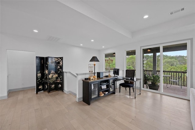 office featuring visible vents, recessed lighting, and light wood-type flooring