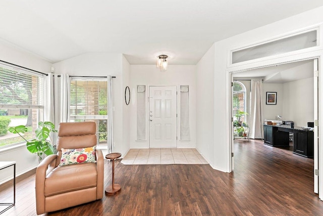 foyer with plenty of natural light, vaulted ceiling, and wood finished floors