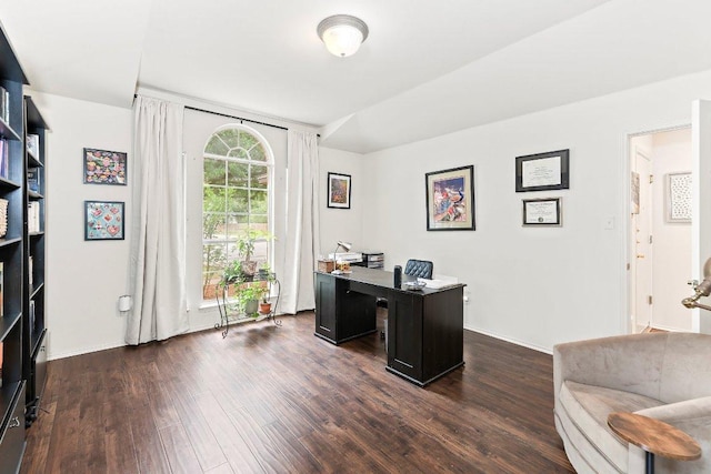 office area with baseboards and dark wood-style flooring