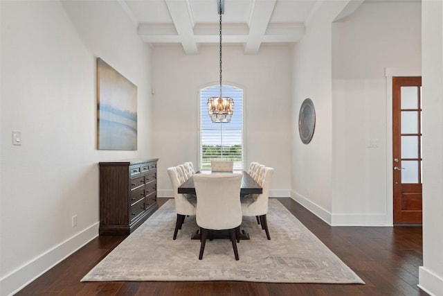 831 Sad Willow Pass, Driftwood, TX 78619 - dining room with an inviting chandelier, beam ceiling, baseboards, dark wood-type flooring, and coffered ceiling