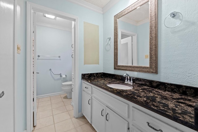 bathroom featuring crown molding, toilet, tile patterned floors, and vanity