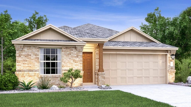 single story home with a front yard, brick siding, board and batten siding, concrete driveway, and an attached garage