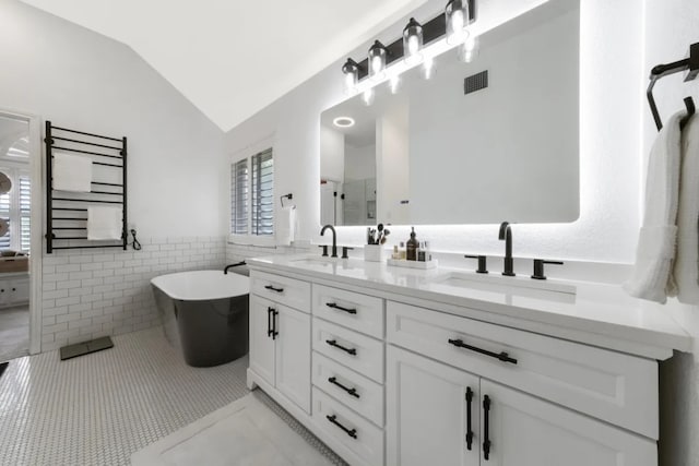 12407 Old Salt Trl, Austin, TX 78732 - full bathroom featuring visible vents, a sink, vaulted ceiling, and a wealth of natural light