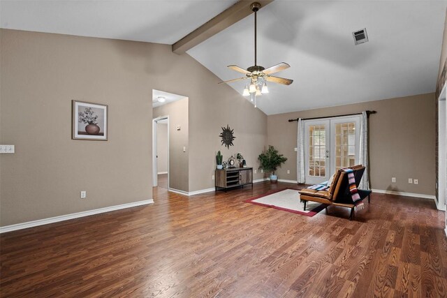102 Vandeventer Dr, Burnet, TX 78611 - living area featuring ceiling fan, beam ceiling, wood finished floors, baseboards, and high vaulted ceiling