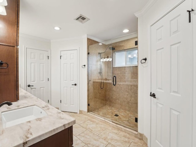 11911 Aloe Vera Trl, Austin, TX 78750 - bathroom featuring ornamental molding, vanity, a stall shower, recessed lighting, and marble finish floors