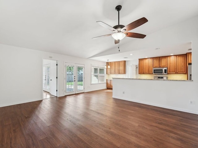 11911 Aloe Vera Trl, Austin, TX 78750 - unfurnished living room featuring ceiling fan, dark wood finished floors, french doors, vaulted ceiling, and recessed lighting