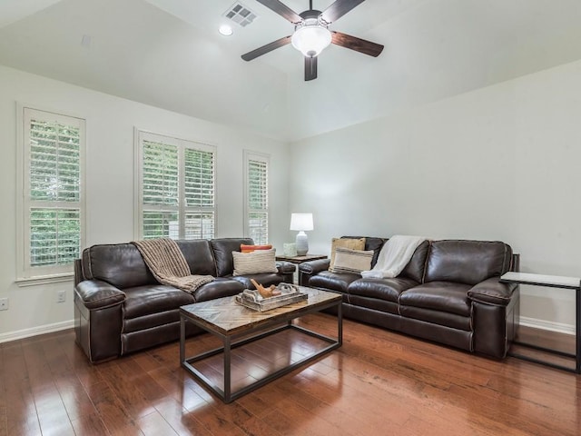 living area featuring dark wood-style flooring, a ceiling fan, baseboards, recessed lighting, and visible vents