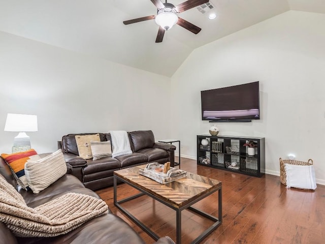 living room featuring ceiling fan, visible vents, hardwood / wood-style flooring, baseboards, and lofted ceiling
