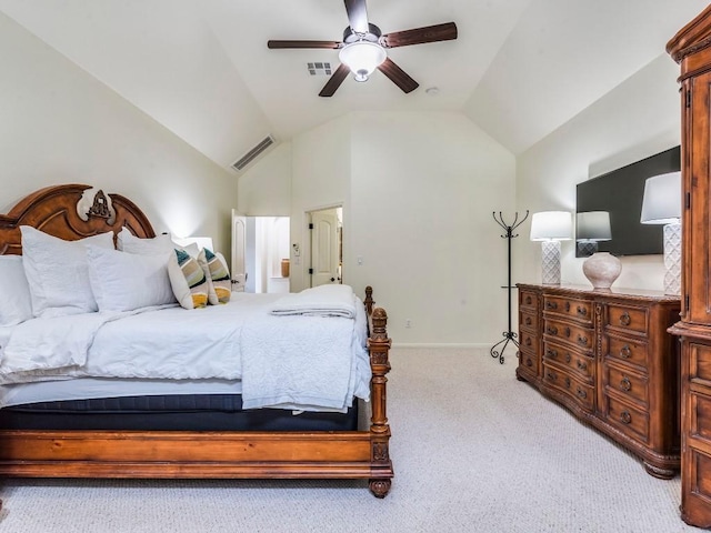 carpeted bedroom featuring a ceiling fan, baseboards, visible vents, and lofted ceiling