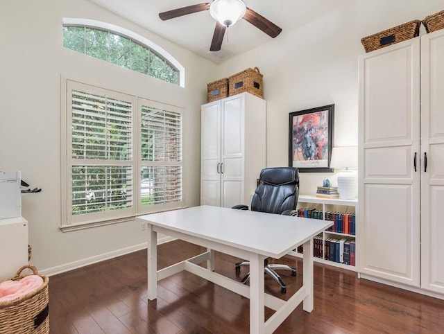 office area featuring baseboards, ceiling fan, and dark wood-style floors