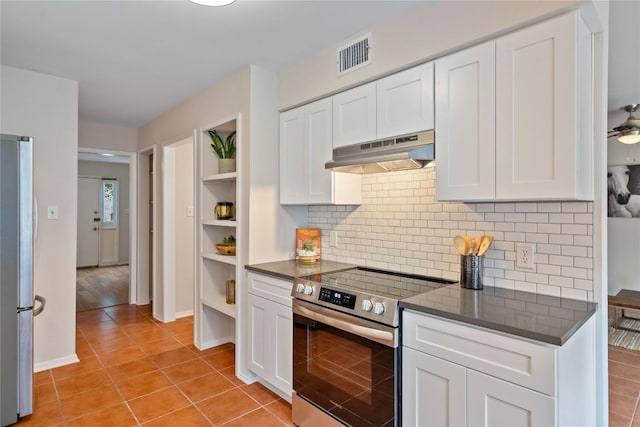 7253 Creekside Dr, Austin, TX 78752 - kitchen with open shelves, visible vents, under cabinet range hood, white cabinets, and appliances with stainless steel finishes