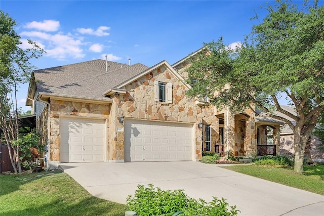 2607 Armatrading Dr, Cedar Park, TX 78613 - view of front facade with stone siding, driveway, a garage, a shingled roof, and a front lawn