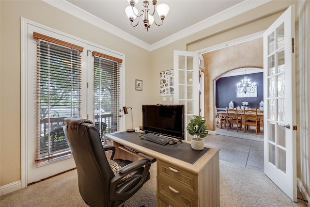 office featuring light colored carpet, an inviting chandelier, french doors, baseboards, and ornamental molding