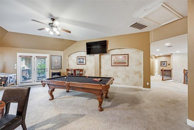 2607 Armatrading Dr, Cedar Park, TX 78613 - recreation room with attic access, ceiling fan, carpet floors, arched walkways, and lofted ceiling