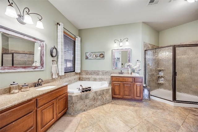 bathroom with visible vents, a sink, a bath, and a shower stall
