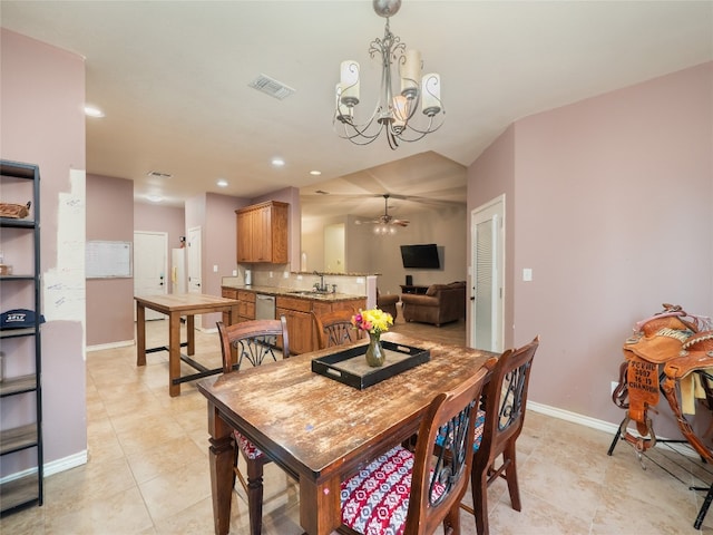 419 Spyglass St, Marble Falls, TX 78654 - dining space featuring baseboards, a chandelier, light tile patterned floors, recessed lighting, and ceiling fan