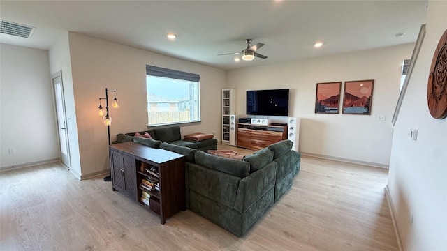 living area with light wood-style floors, baseboards, ceiling fan, and visible vents