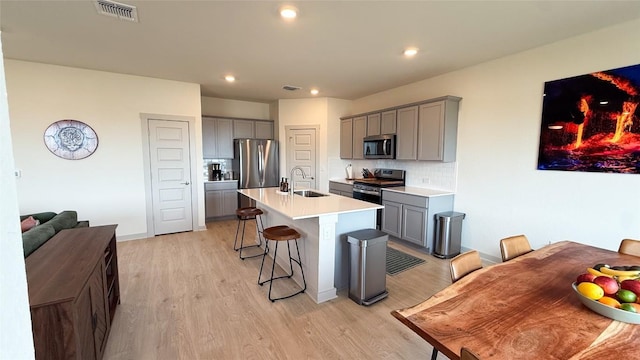 kitchen featuring a sink, gray cabinets, stainless steel appliances, and visible vents