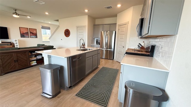 kitchen featuring appliances with stainless steel finishes, a sink, visible vents, open floor plan, and gray cabinetry