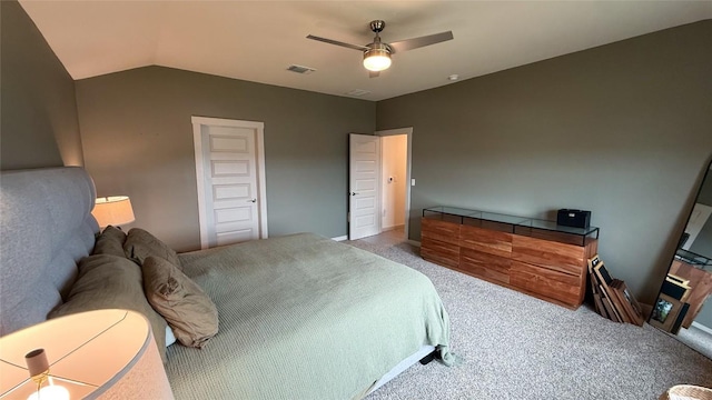 bedroom featuring visible vents, carpet, ceiling fan, and lofted ceiling