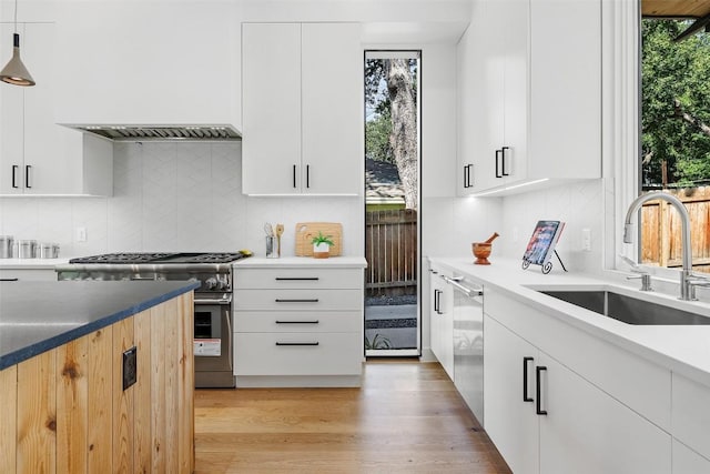 kitchen featuring a sink, appliances with stainless steel finishes, decorative backsplash, and light wood-style floors