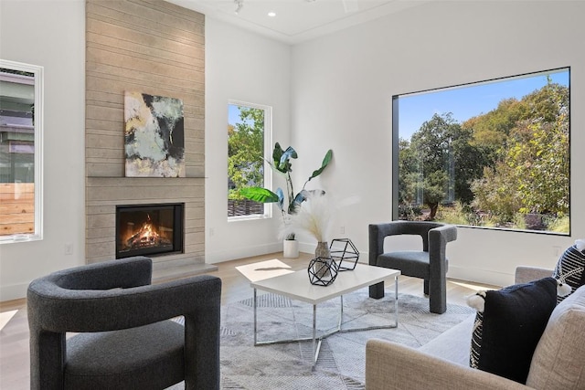 living room featuring a large fireplace, baseboards, and wood finished floors