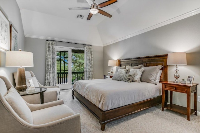 bedroom featuring visible vents, ornamental molding, light carpet, access to exterior, and vaulted ceiling