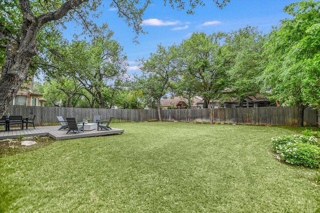 view of yard with a fenced backyard and a deck