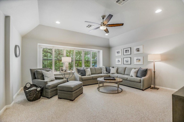 carpeted living room featuring visible vents, a ceiling fan, baseboards, and recessed lighting