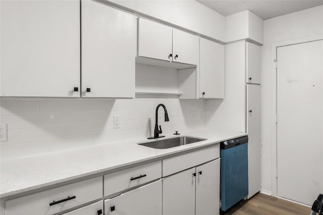 101 E 33rd St Unit 104, Austin, TX 78705 - kitchen with dishwasher, white cabinetry, a sink, dark wood finished floors, and backsplash