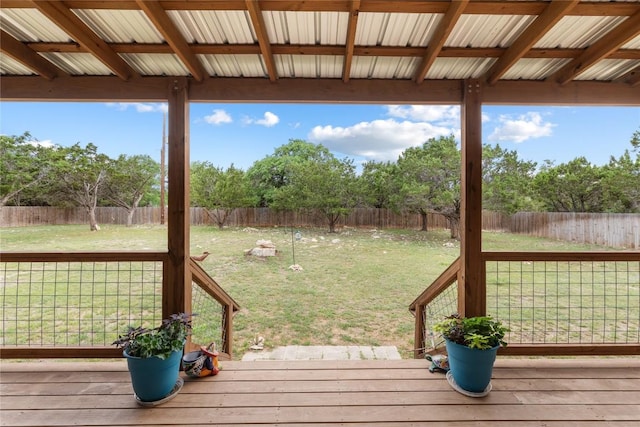 deck featuring a lawn and a fenced backyard