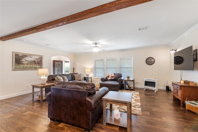 living area with heating unit, ceiling fan, dark wood-style flooring, and visible vents