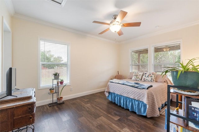 bedroom with dark wood-type flooring, ornamental molding, baseboards, and ceiling fan
