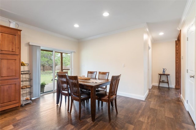 dining space featuring recessed lighting, ornamental molding, and dark wood-style flooring