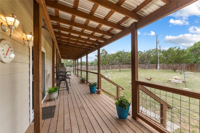 wooden terrace featuring a yard and a fenced backyard