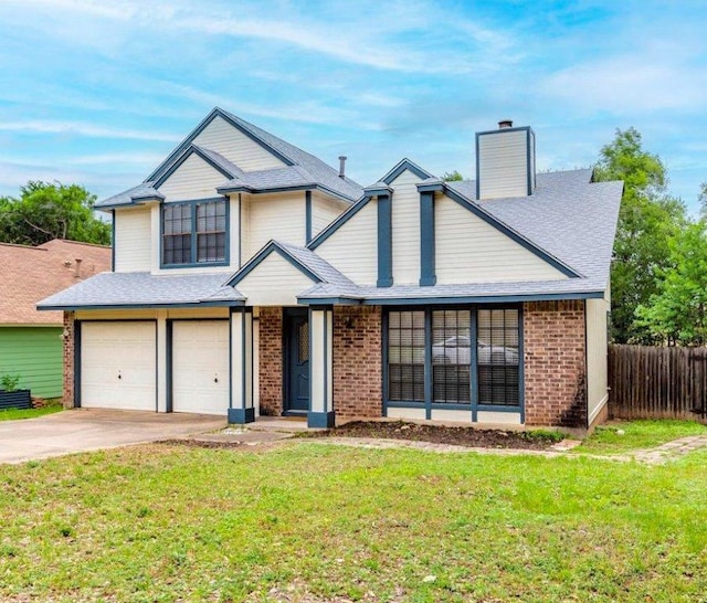 traditional home featuring a chimney, a front yard, a garage, fence, and concrete driveway