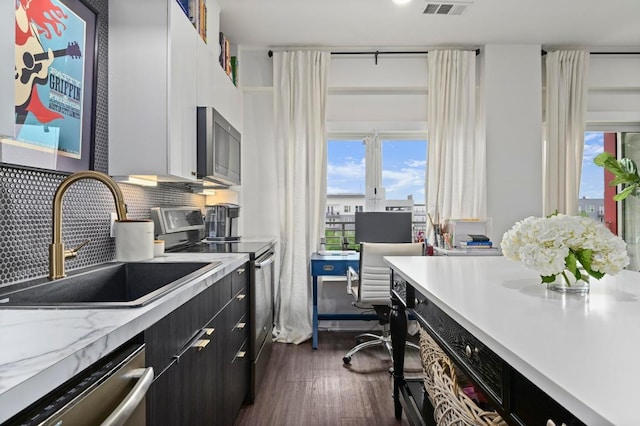 kitchen with light countertops, appliances with stainless steel finishes, a wealth of natural light, and a sink